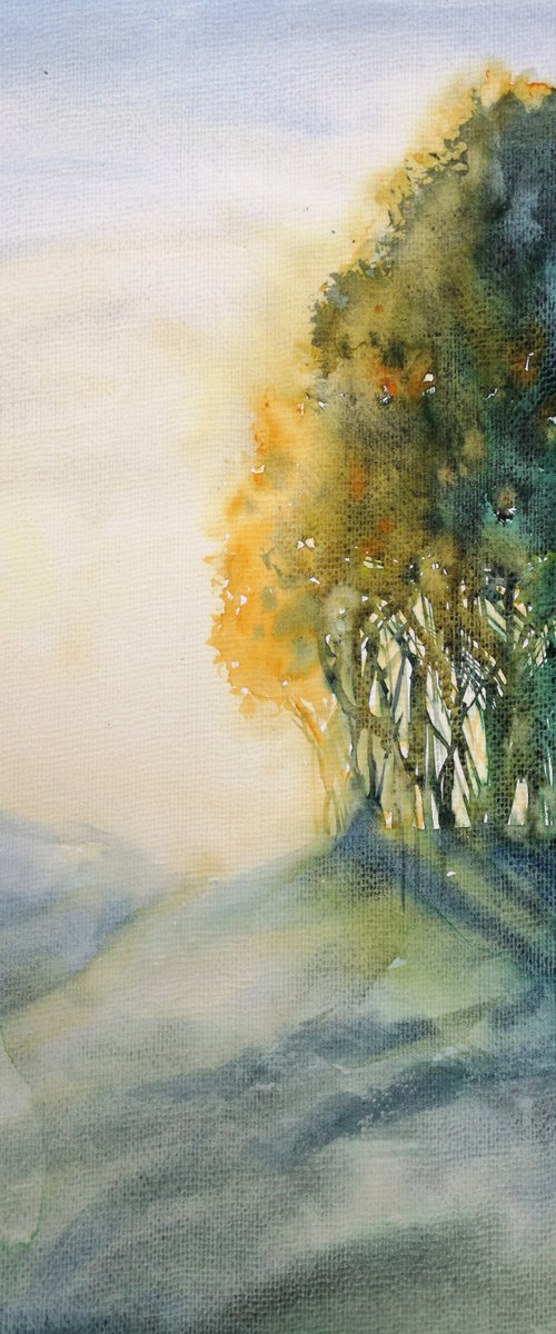 Serenity -  sunrise hills fore by Olga Beliaeva Watercolour
