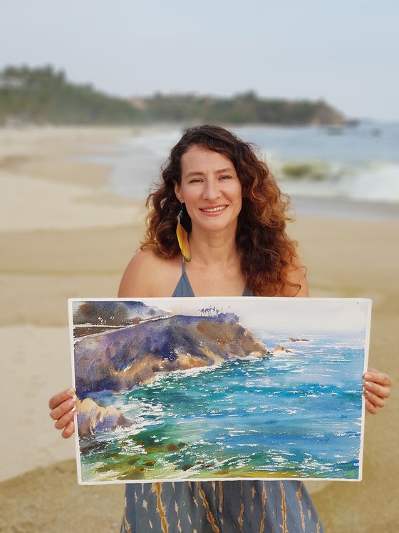 Watercolor seascape. Pacific Ocean. Surf in Acapulco. Mexico