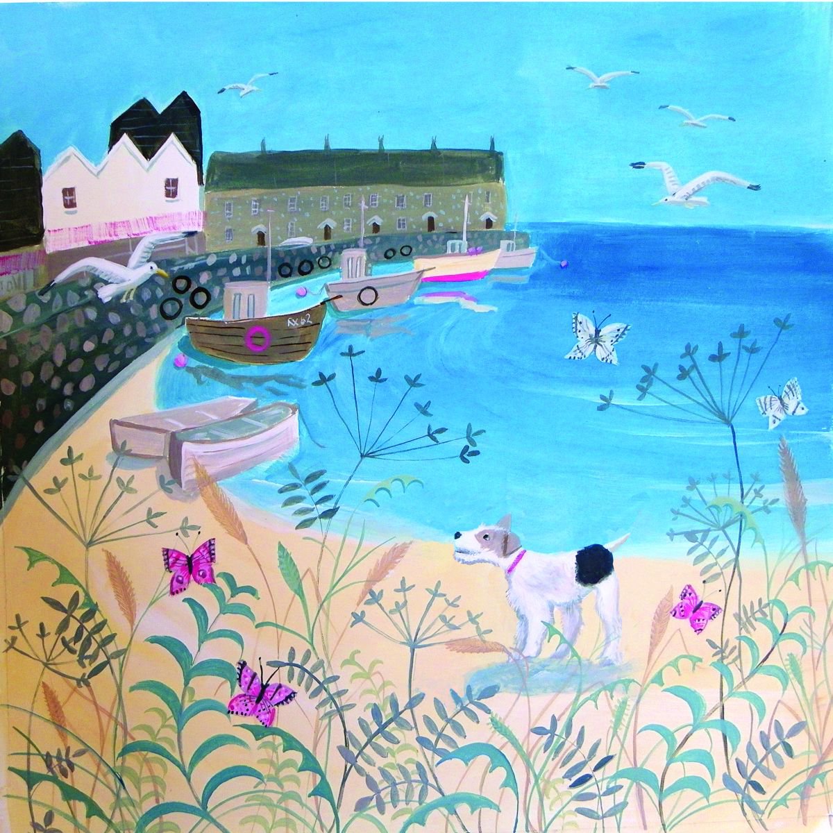 Illustrative Landscape Acrylic Painting By Mary Stubberfield, 15 X 15", Dog By The Sea, Original Artwork