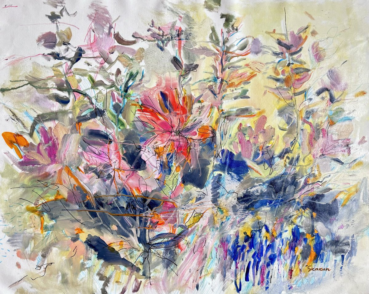 Expressive Botanical Oil Painting By Mari Skakun, 39 X 32", The Fire Of Colors, Original Artwork