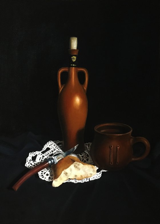 STILL LIFE WITH WINE, BREAD, KNIFE AND CLAY MUG - classical oil painting, old masters technique, vintage, village style, photorealism