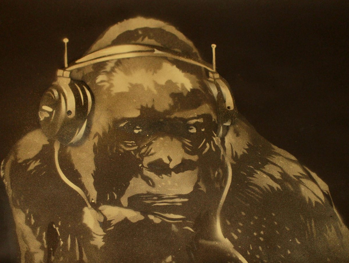 Urban And Pop Animal Painting By Juan Sly, 30 X 23", Gorilla In The Groove (Bc)., Original Artwork
