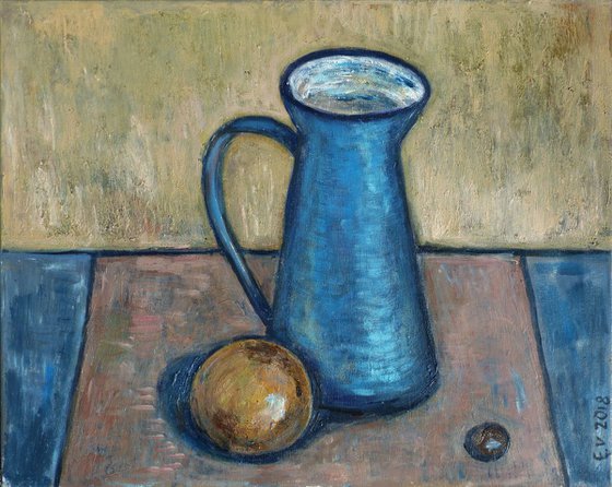 Still life with a blu jug and a orange