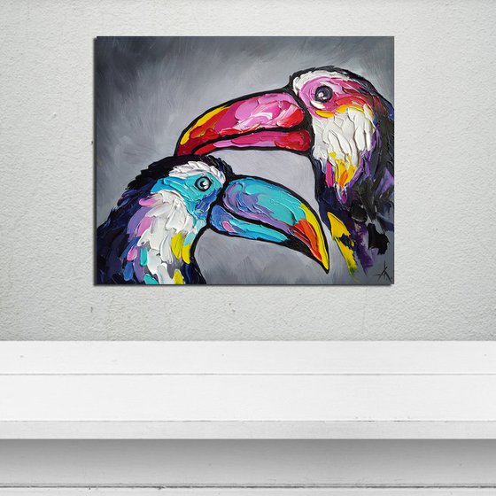 Toucan in love - toucan oil painting, toucan, animals, bird, birds oil painting