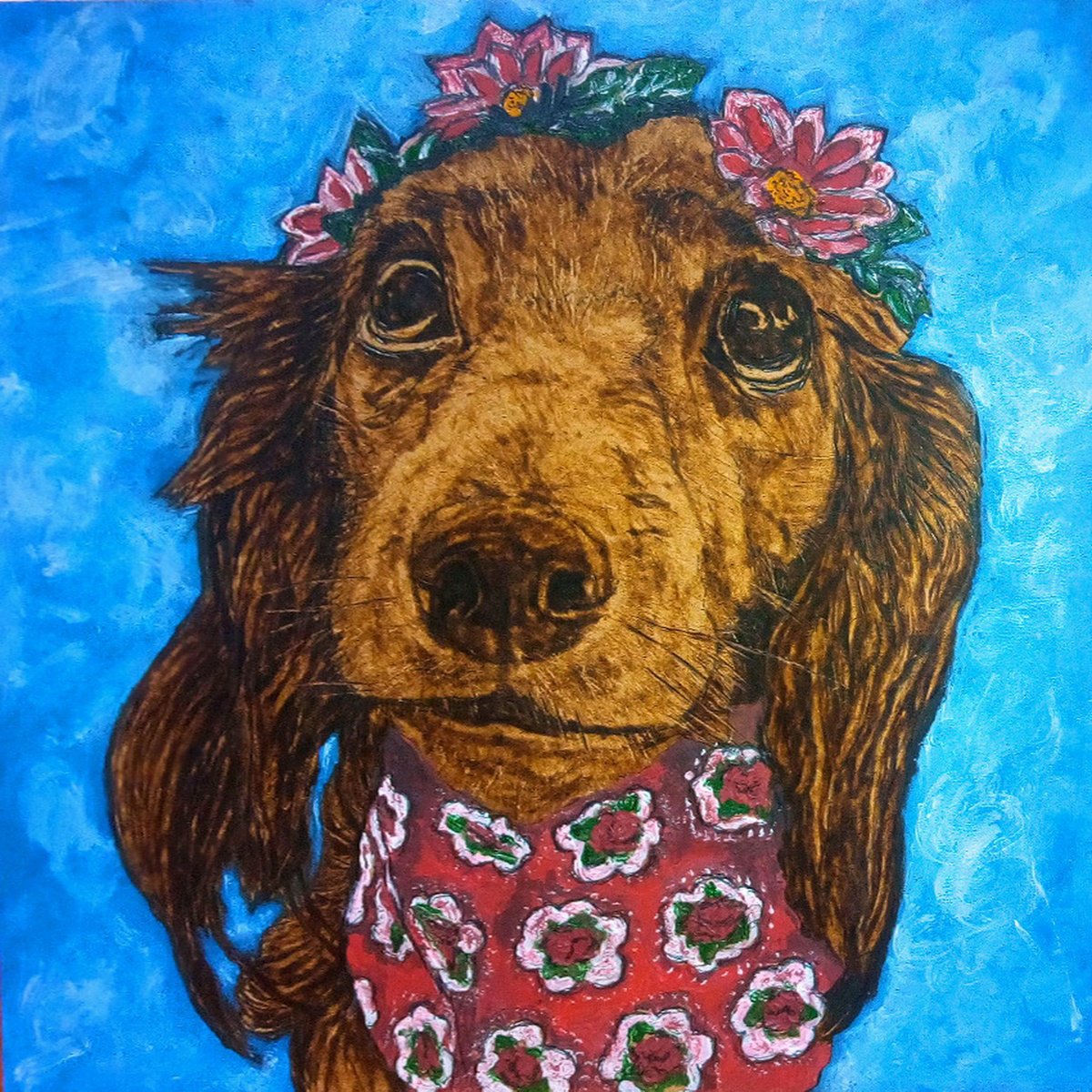 Expressive Animal Painting By Milis Pyrography, 12 X 12", Boho Puppy, Original Artwork