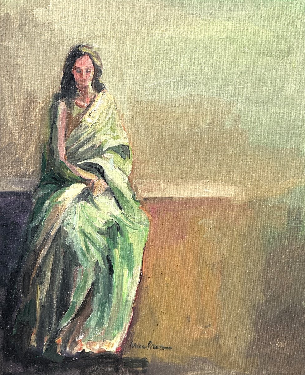 Expressive Portrait Oil Painting By Arun Prem, 16 X 20, Green Silk, Original Artwork