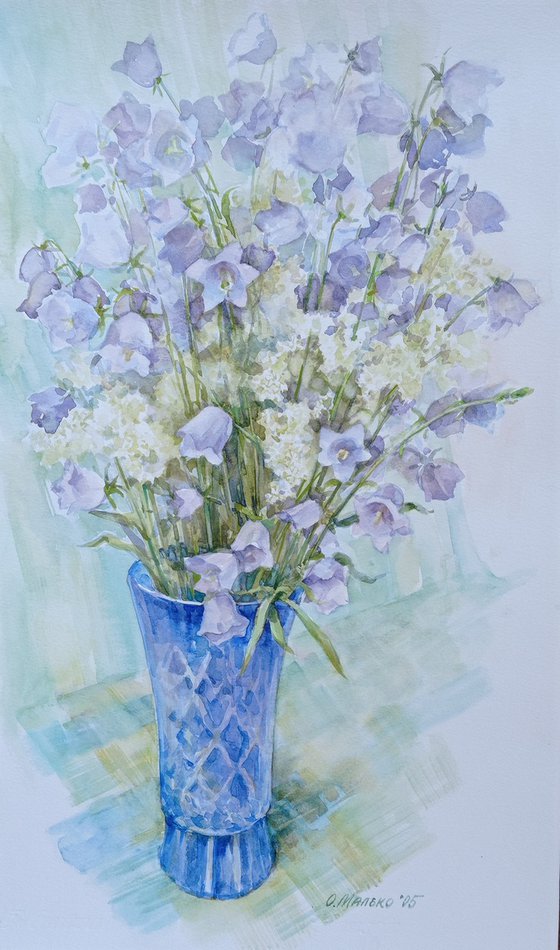 Bells in blue vase / ORIGINAL watercolor 15x22 (38x56cm)