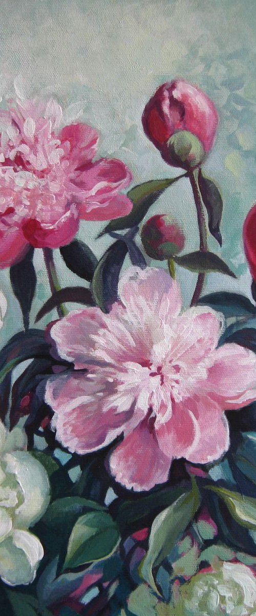 Peonies season - Floral art, Acrylic, 40x40 cm by Elena Oleniuc