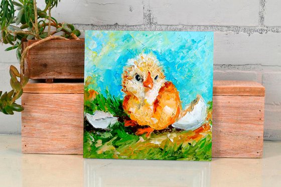 Happy birthday, Baby Chicks Painting Bird Original Art Farm Artwork Small Impasto Oil Wall Art