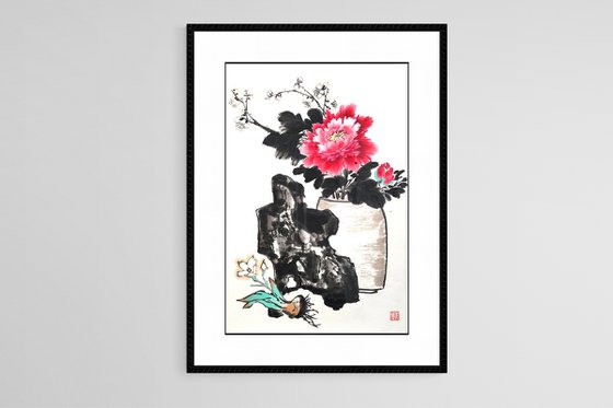 Peony in vase with stone and narcissus - Oriental Chinese Ink Painting