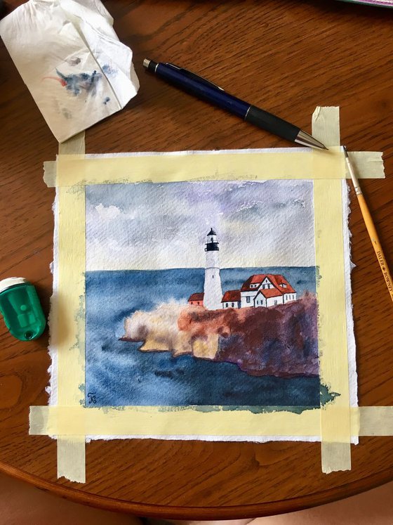 Lighthouse original watercolor painting on craft paper, sea and rocks, hygge home decor