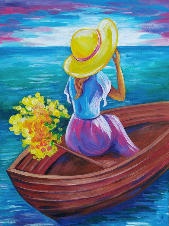 Сalm sea - woman, sea, boat, woman acrylic painting, woman in boat, seascape, water, woman and flowers