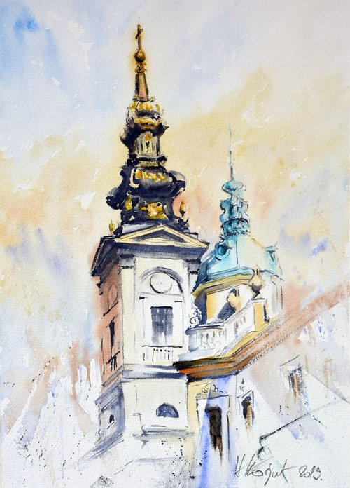 Two domes in light Beograd mala akvareli beograda small by Nenad Kojić watercolorist