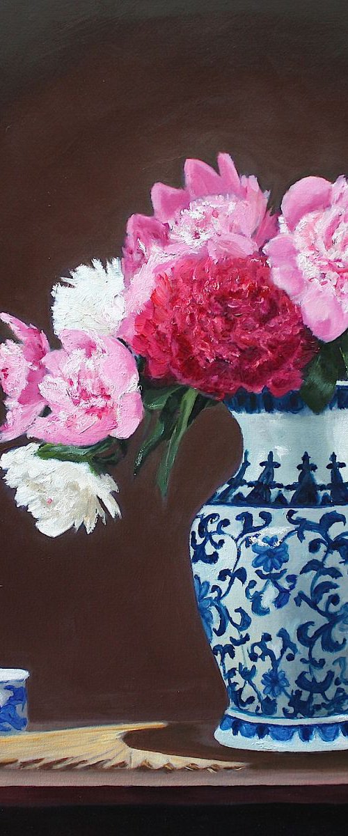 Peonies, Teacup, Fan & Chinese Vase by Gray Jacobik
