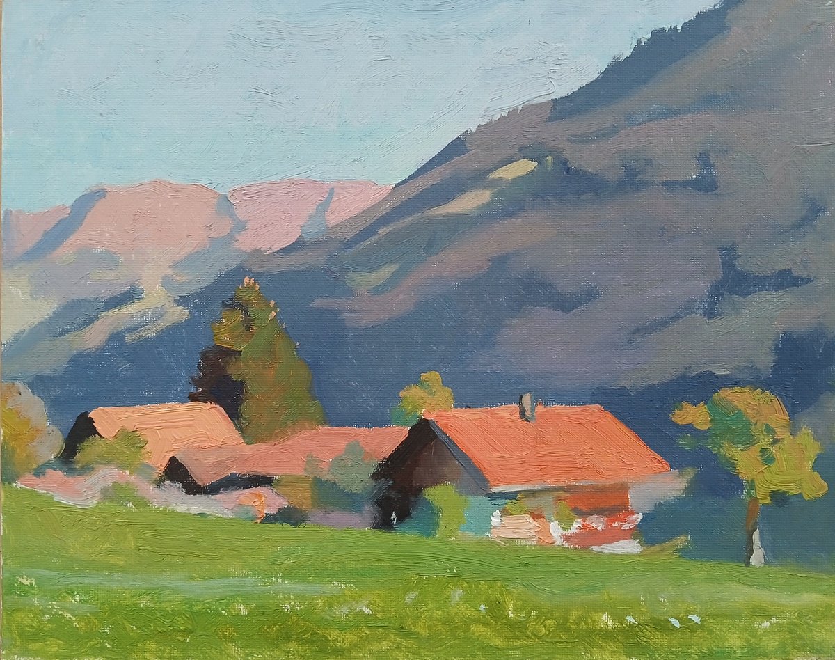 Impressionistic Landscape Oil Painting By Vasyl Koval, 12 X 9", Evening In The Swiss Alps, Original Artwork