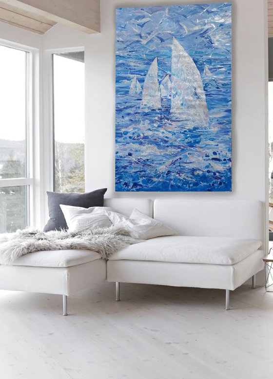 Large seascape painting 100x160 cm unstretched canvas "Sails" i009 art original artwork by artist Airinlea