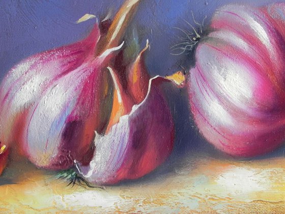 "Garlic" original oil painting, small painting kitchen dekor art