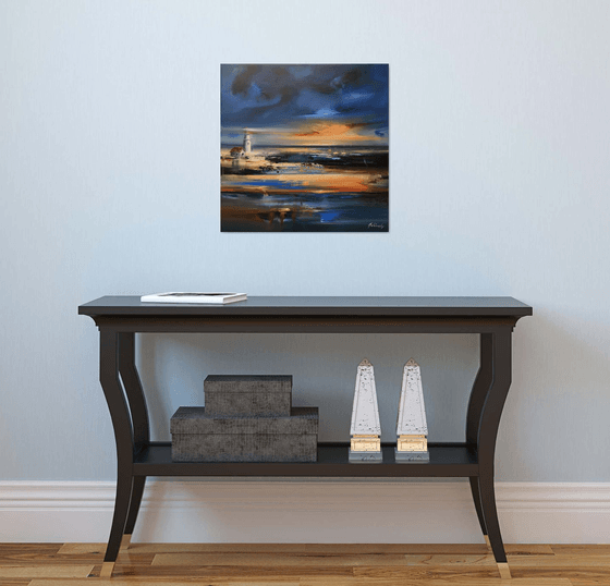 One night by the Sea - 50 x 50cm, abstract landscape oil painting in blue