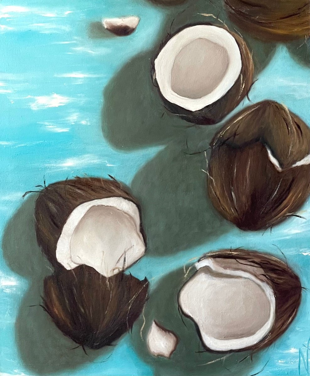 Expressive Still Life Oil Painting By Anastasiia Novitskaya, 20 X 24, Coconut, Original Artwork
