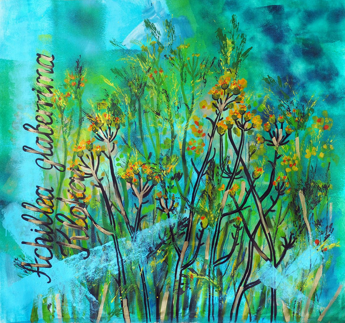 Expressive Botanical Acrylic Painting By Delnara El, 39 X 36, Achillea Glaberrima Klokov, Original Artwork