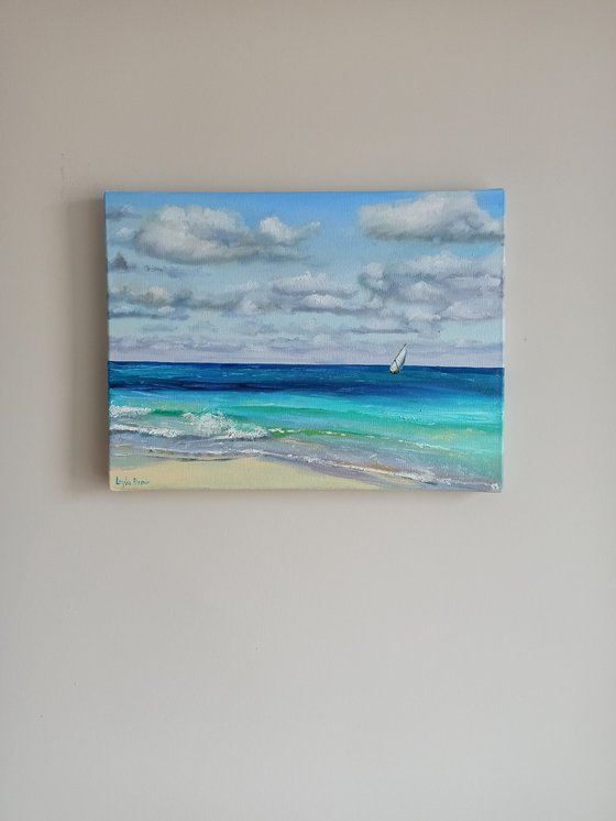 Sailboats oil painting blue ocean landscape wall decor 12x16"