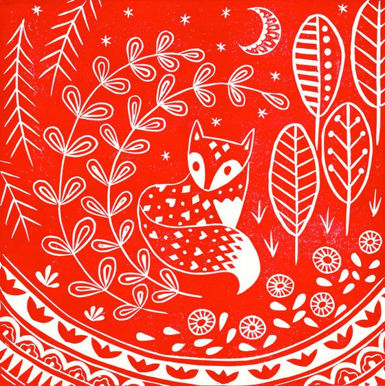 Daniel Fox in red, limited edition scandinavian folk art linocut print