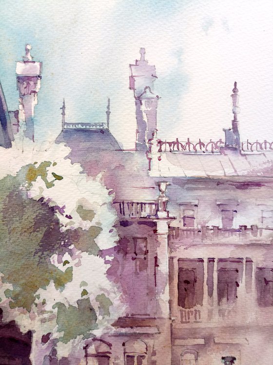 "Massandra Palace in Yalta" original watercolor painting in bright colors