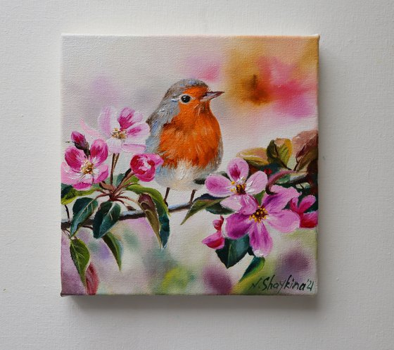 Robin Bird and Pink Flowers