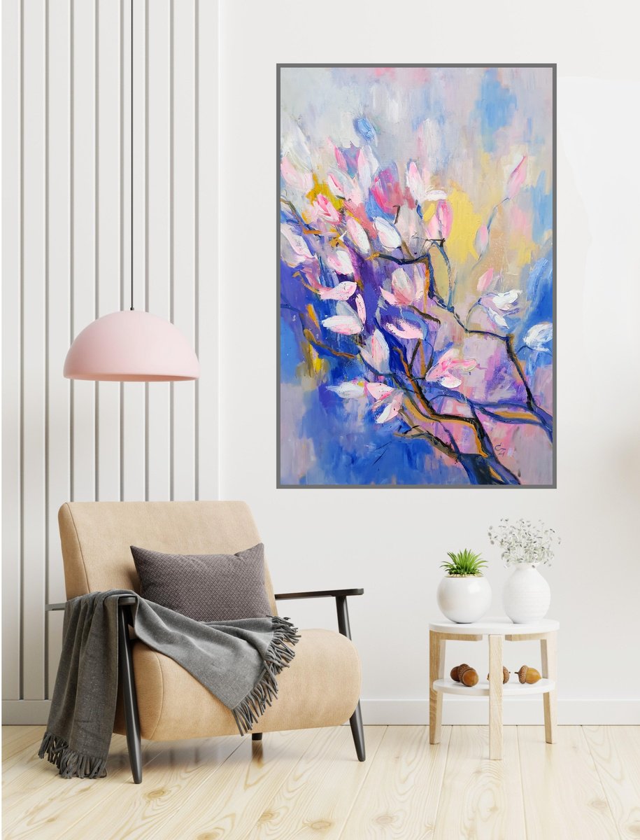 Impressionistic Botanical Oil Painting By Victoria Cozmolici, 31 X 47", Magnolia, Original Artwork