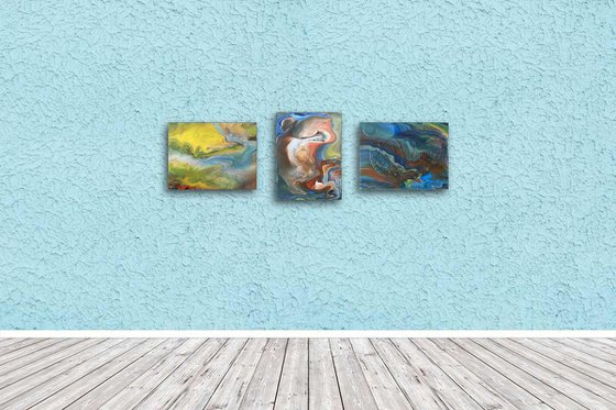 "Waterworks" - FREE USA SHIPPING - Original Triptych, Abstract PMS Acrylic Paintings Series - 33" x 12"