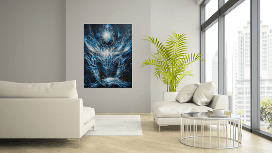 Large XXL enigmatic metaphysical dark blue abstract angel composition by master KLOSKA