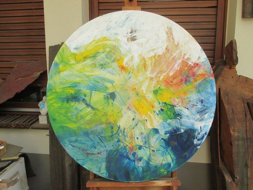 abstract summer Oilpainting round canvas 31,5 inch by Sonja Zeltner-Müller