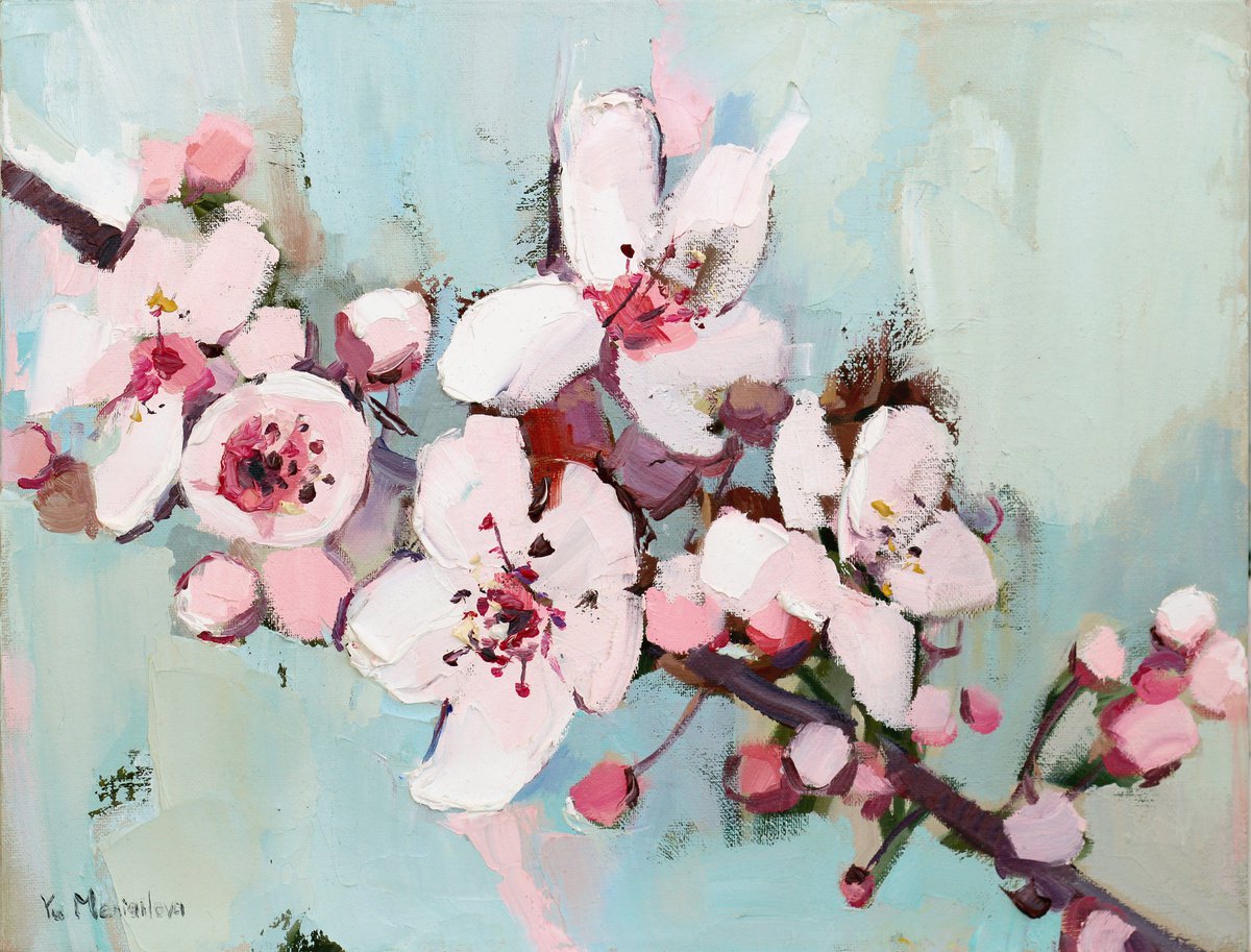Cherry blooming - Floral art - Oil painting by Yuliia Meniailova