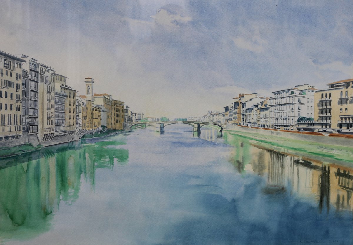 Expressive Watercolour , View From Ponte Vecchio Bridge By David Vincent Wheeler, 35 X 26, Artwork For Sale On Artfinder