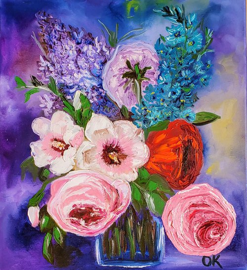 BOUQUET OF SUMMER FLOWERS pink rose white hibiscus, red poppy, urple lilac , delphinium modern Still life Dutch style office home decor gift by Olga Koval