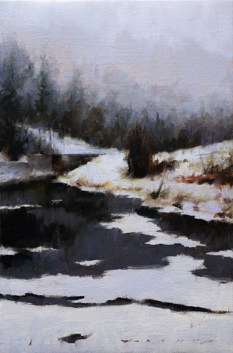 Impressionistic Landscape Oil Painting By Rostyslav Malysh, 8 X 12", Icy Reflections, Original Artwork
