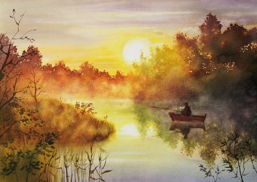 Foggy Serenity - Misty Sunrise on the Lake – Lone Fisherman - Solitude at Dawn by Olga Beliaeva Watercolour
