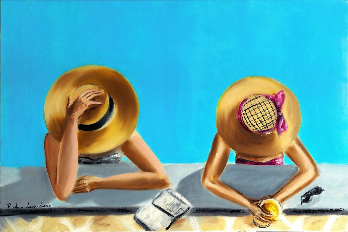 Impressionistic Portrait Oil Painting By Ruslana Levandovska, 36 X 24", At The Pool, Original Artwork