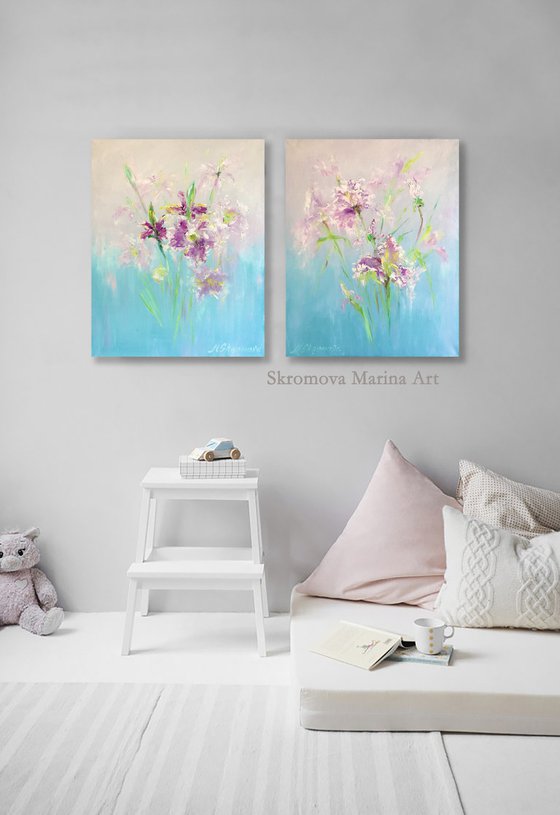 A GENTLE COUPLE- Lilies. Irises. Diptych. Flower couple. Blue canvases. Pastel colors. Heavenly color. White flowers. Abstract flowers. Abstraction.