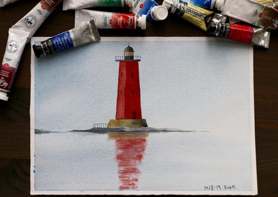 Red lighthouse in the sea. Minimalism. Original watercolor artwork.