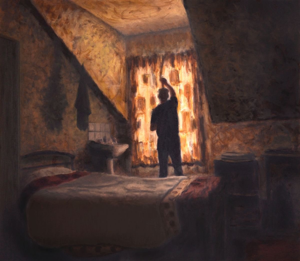 Impressionistic Portrait Oil Painting By Hugo Lines, 30 X 26, The Day Begins - Room 6, Original Artwork