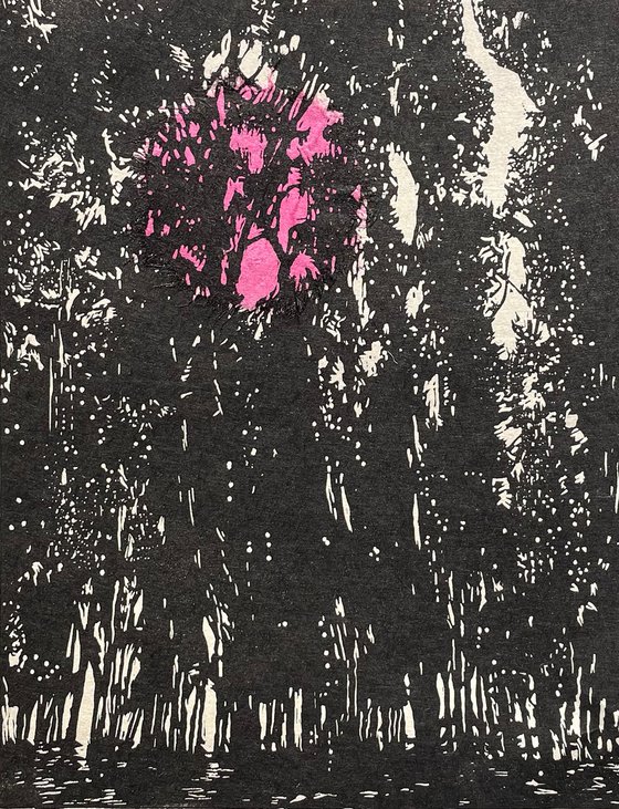 Through the Trees Linocut Print with chine collee