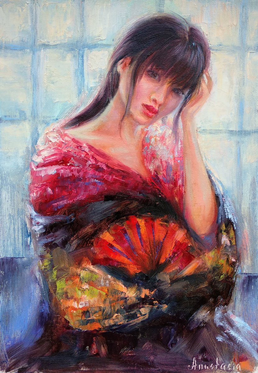 Woman Portrait Beautiful Asian Girl near the Window Hand Fan by Anastasia Art Line