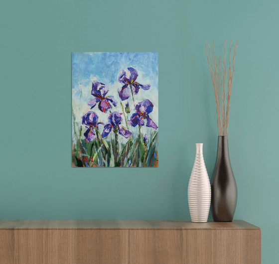 Irisis. Study. Original oil painting. Small flowers purple landscape impressionism etude colors green decor interior