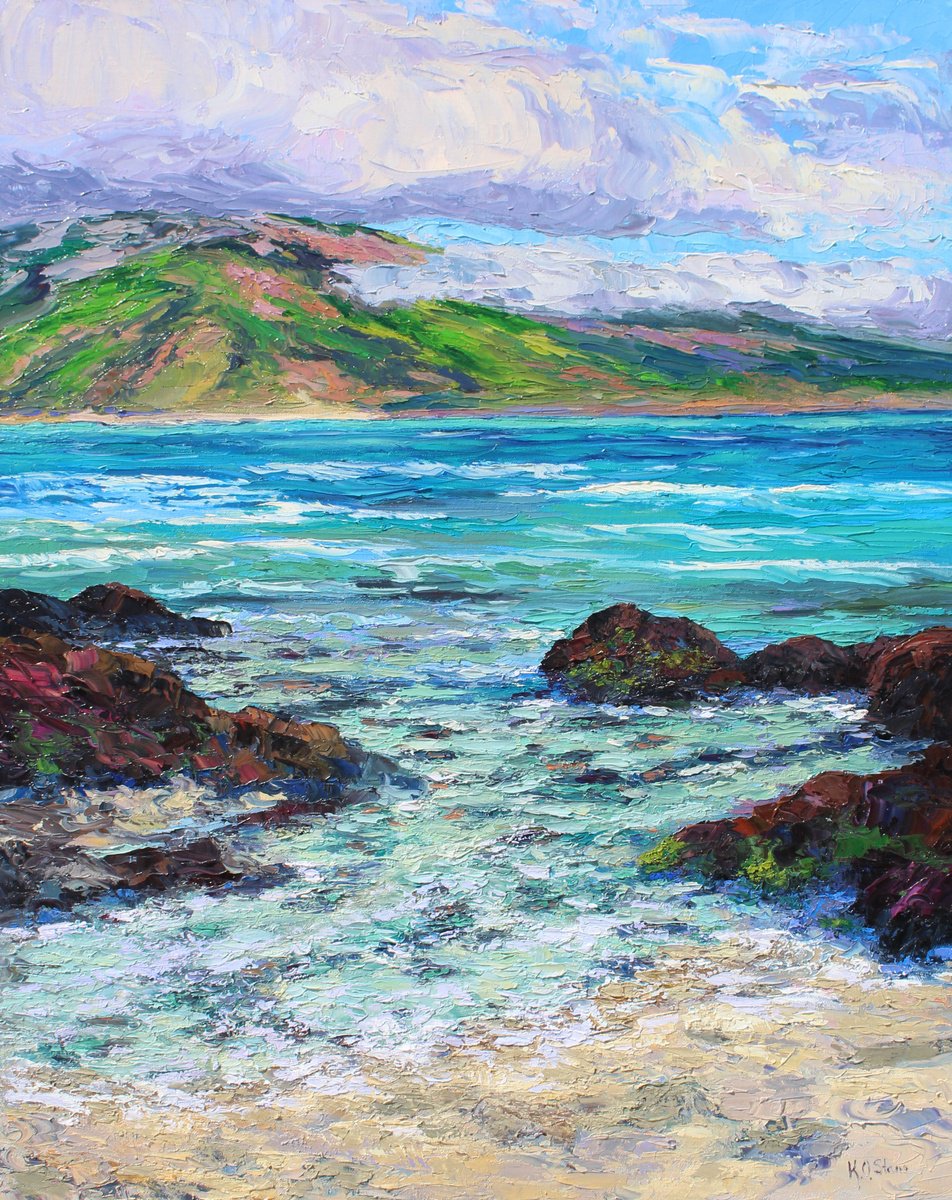Impressionistic Landscape Oil Painting By Kristen Olson Stone, 24 X 30", Secret Cove Beach, Maui, Original Artwork