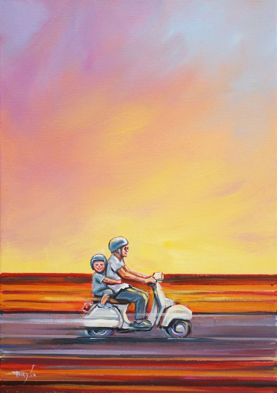 Road. Outdor. Biking Together. Bike. Cycling. Motorbike. Father and son on motorcycle. Speed. Fast. Empathy