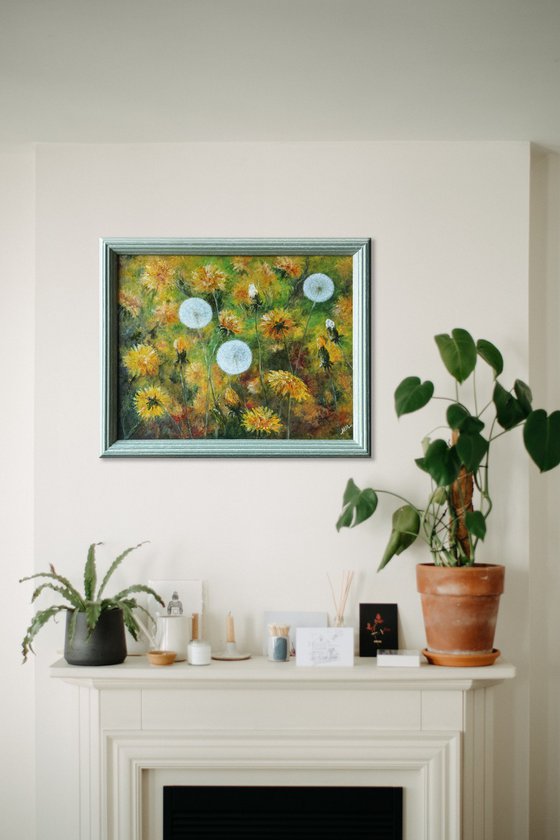 Framed oil painting Joyful Dandelions