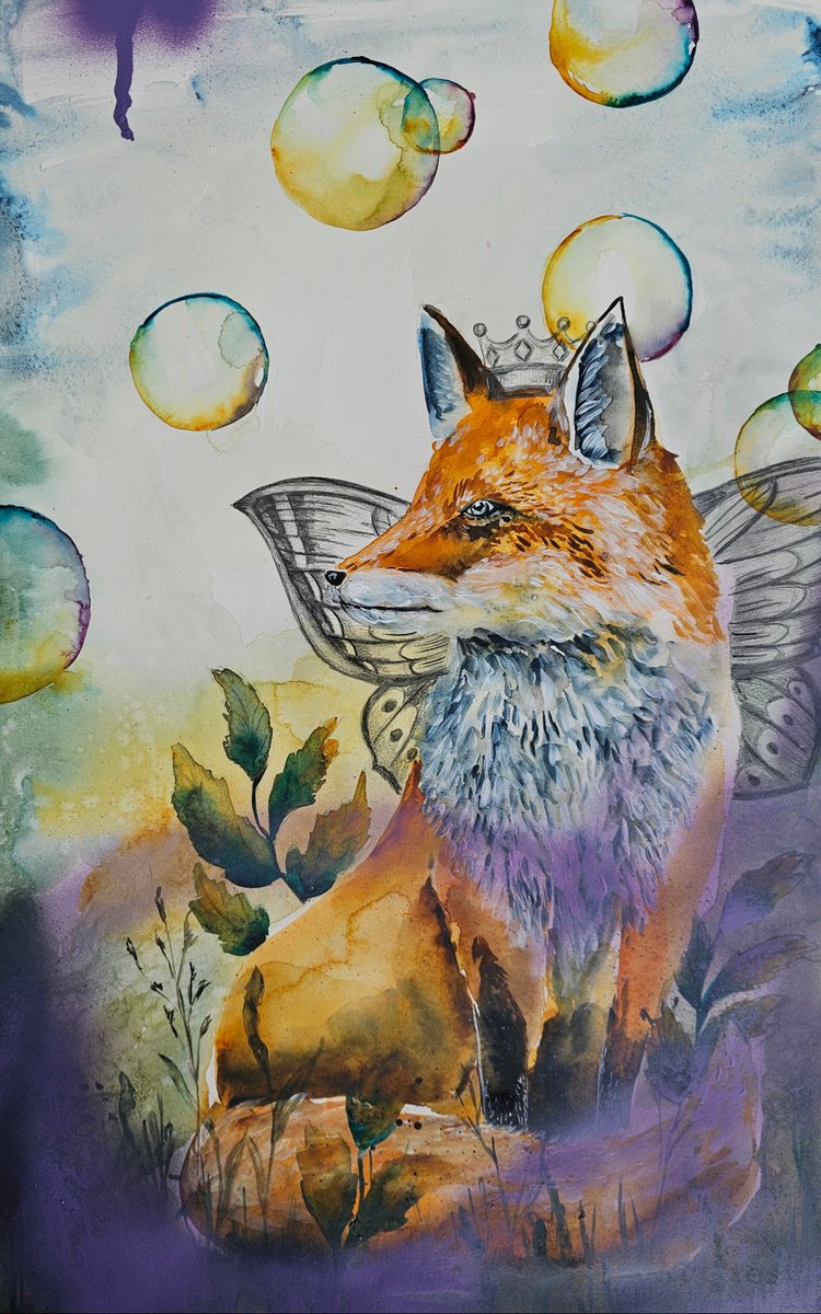 Surrealistic Animal Watercolour By Evgenia Smirnova, 15 X 22, Fox Queen, Original Artwork