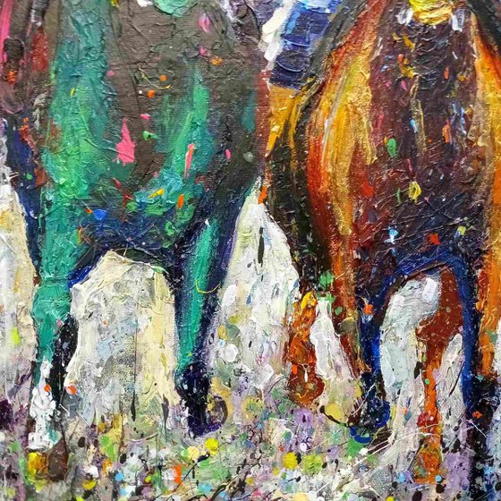 Expressive Horse Race, Acrylic Painting Evoking Energy and Courage