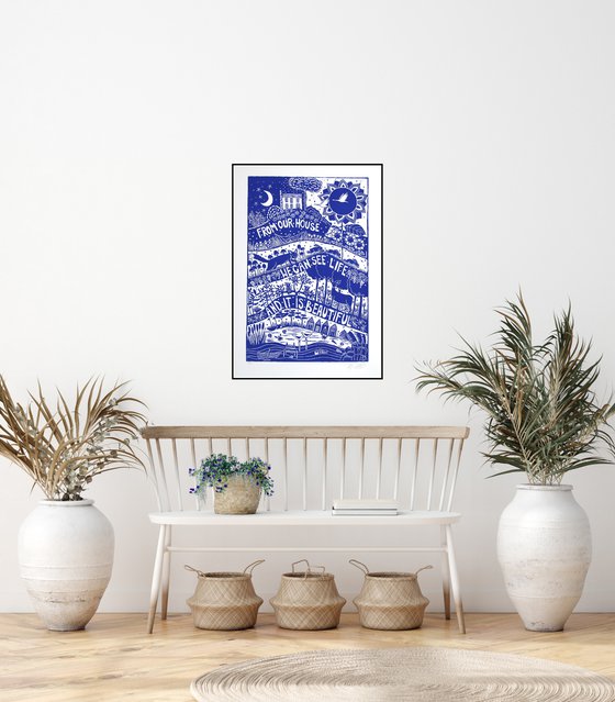 Life is beautiful, XL blue and white linocut Linocut by Mariann ...